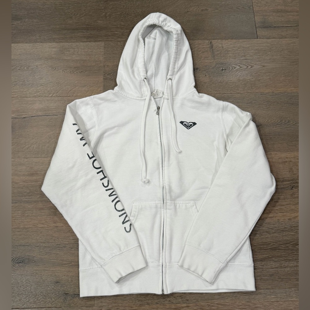 Roxy Y2K Vintage White Black Retro Full Zip Hoodie Winter Ski Sweatshirt